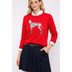 JCrew Teddie Sweater‎ Red Dalmatian Dog Leopard Boots Graphic Crewneck Large
